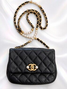CHANEL Mini Black Quilted Leather Pearl Crunch, with Gold-Tone CC & Pearl Chain